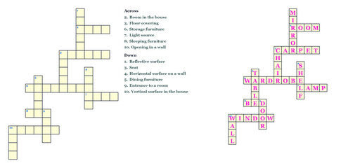 Obraz premium Completed crossword puzzle with household items and furniture-related clues