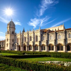 Fototapeta premium Historic Gothic Monastery Facade Standing Under Bright Sun in Formal Garden Courtyard