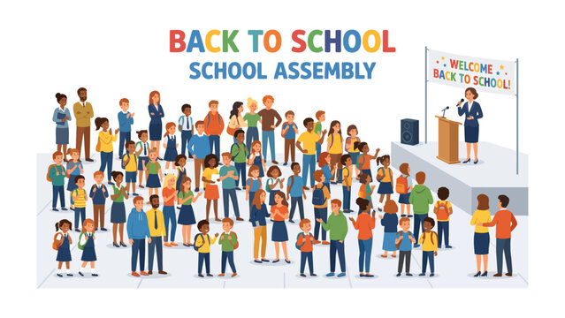 Back to School Assembly: A vibrant illustration depicts a school assembly with a diverse group of students and teachers gathered, ready to begin the academic year with enthusiasm.