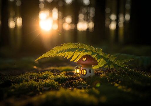 Cozy hobbit house in a magical forest at night