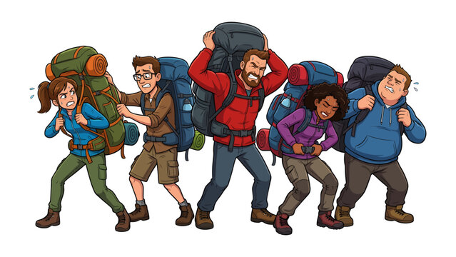 Trekking Troubles: A group of hikers struggles under the immense weight of their overpacked backpacks, showcasing the challenges and exhaustion of a difficult journey.