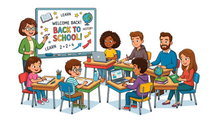 Back to School Classroom: A cheerful teacher stands beside a vibrant whiteboard as diverse students engage in learning activities around desks equipped with laptops and books. © Karima
