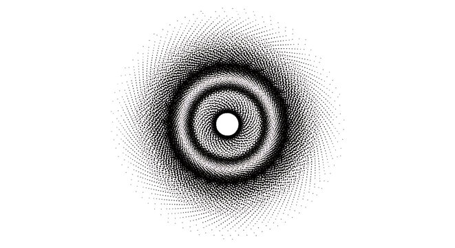 A circular pattern with rings and a central dot appears on a plain surface.