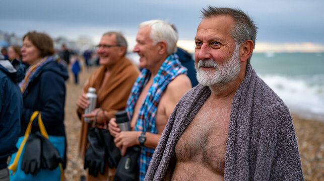 Cold water swimming community changing on shingle beach after morning dip, towels wrapped tight, thermos flasks being passed around, laughter and exhilaration on faces, wet neoprene gloves hanging f