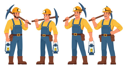 Obraz premium Four miners with pickaxes and lamps stand in a row at work