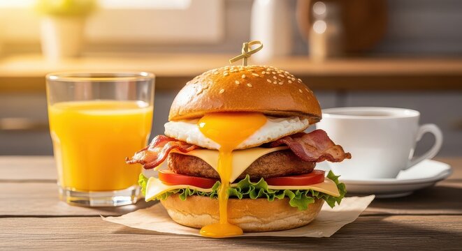 Delicious breakfast burger with cheese, bacon, lettuce, tomato, and fried egg on a sesame seed.