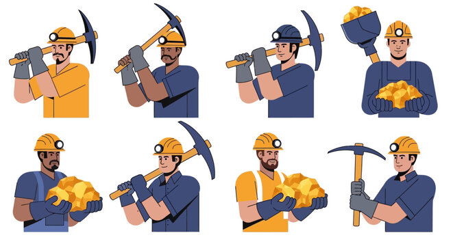 Miners in various poses holding mining tools and gold