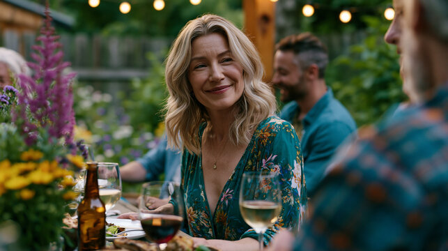 Mother's Day outdoor garden party viewed from over the shoulder of an elderly grandmother seated at the head of the table, adult generations gathered around in conversation, raised beds of early sum