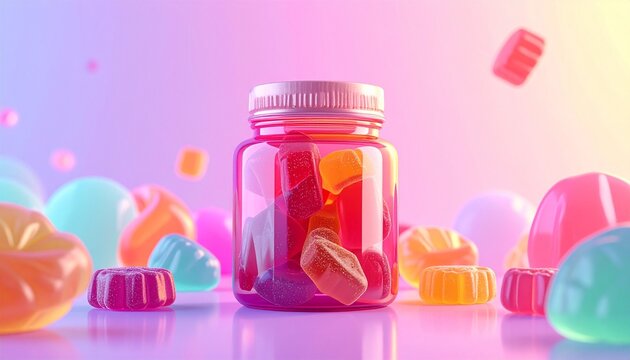 A jar of colorful vitamin gummies surrounded by jelly shapes on a surface