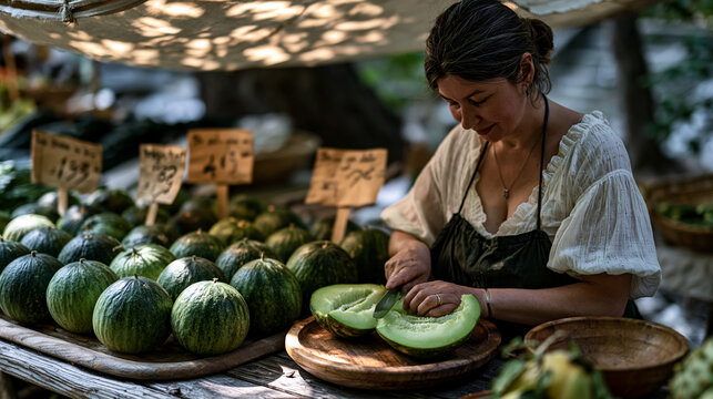 Outdoor summer farmers market stall with a vendor slicing fresh melon samples for passing customers, paper price signs hand-lettered and staked into produce displays, canvas shade awning casting dap