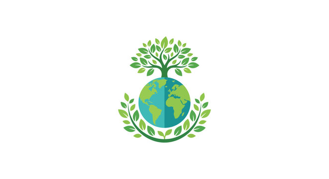 Globe with tree and leaves green vector illustration on white background