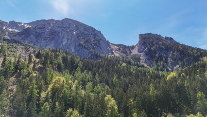 Fototapeta premium Aerial view of rocky mountain peaks and alpine forest in Austria