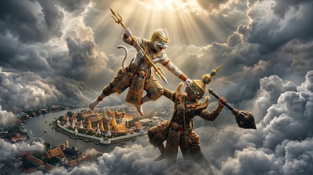 Epic battle between Hanuman and Tosakan over Bangkok Grand Palace, Ramakien Thai mythology illustration