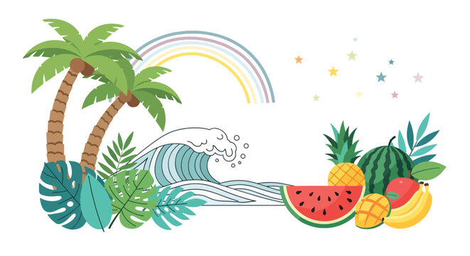Tropical paradise with palm tree and pineapple on beach.