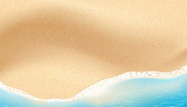 Top view of summer beach with soft wave and traces on sand. Vector realistic style, exotic tropical place for vacation and rest. Ocean or sea, seascape for resting and relax, background for invitation