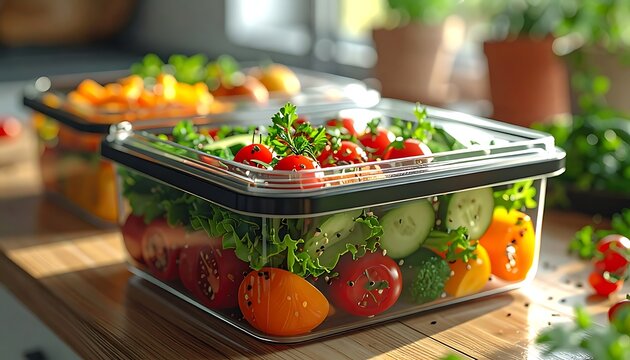 A clear plastic container filled with vegetables on a wooden table