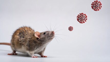 Fototapeta premium Small viruses are flying against the background of a rat. On a plain background