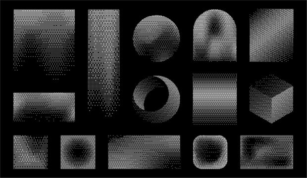 Pixel mosaic background with geometric composition. Squares and rectangles, circles and cube shapes. Gradient pattern design with dotted decay effect. Vector digital wallpaper and technology banners
