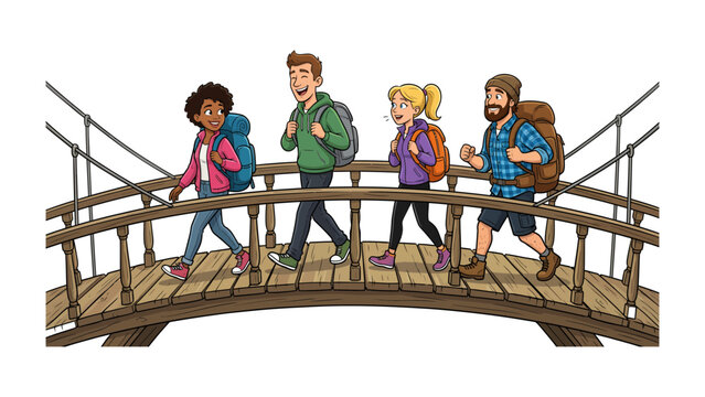 A Group of Hikers Crossing a Wooden Bridge: A diverse group of four young adults, equipped with backpacks, traverse a charming wooden suspension bridge, ready for adventure in the great outdoors.