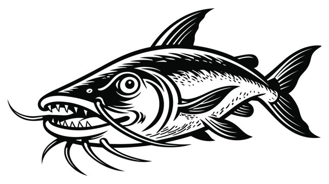 Detailed black and white illustration of a catfish with sharp teeth, wildlife