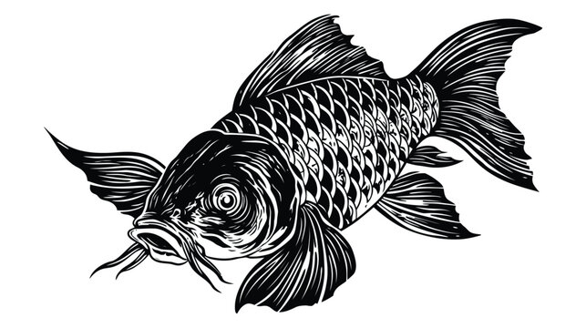 Detailed black and white graphic illustration of a freshwater fish with barbels