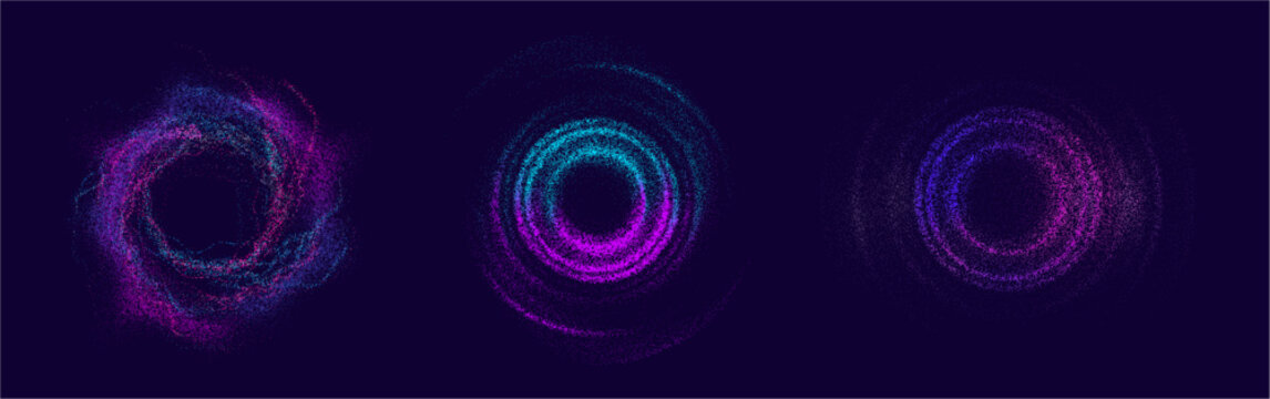 Gradient waves in circular motions. Vector particle fields set arranged in dotted curves. Speed and spatial expansion. Luminous digital elements. Energy, rhythm and modern technology