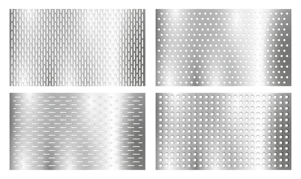 Perforated metal texture with hole pattern and linear engraving. Vector realistic industrial surfaces with mixed dots, horizontal and vertical lines. Material design and technology presentation