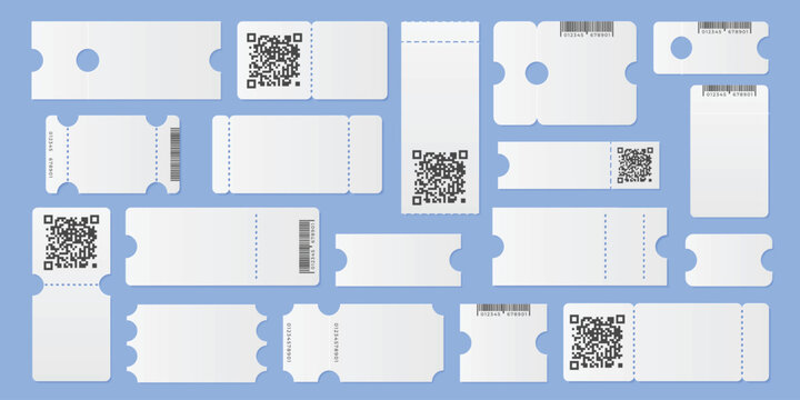Blank Ticket Templates Set with Barcodes and QR Codes on Blue Background