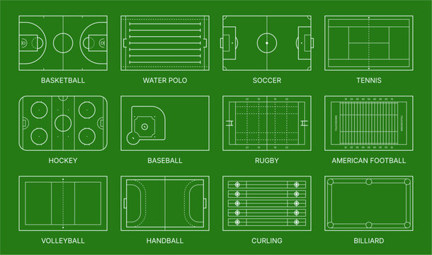 Sport fields for athletic games. Basketball, water polo and soccer, tennis and hockey, rugby and American football, billiards and curling, handball and volleyball. Vector match types and arenas