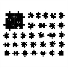 Naklejka premium Collection of black silhouette puzzle pieces vector icons representing problem solving and connections