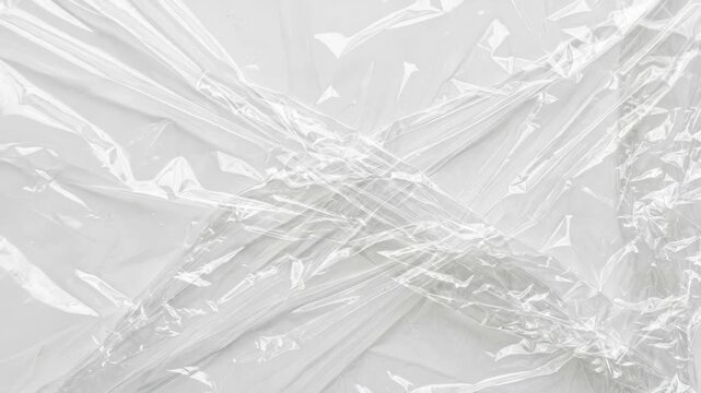 crumpled plastic wrap texture overlay, wrinkled polyethylene packaging surface for vinyl cover, product mockup or design backdrop, white background, clean folds, subtle highlights, macro detail,