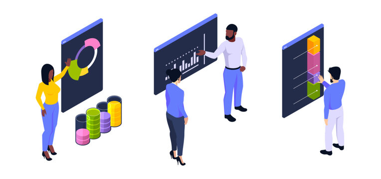 People working with boards. Vector male and female pointing at interactive board with graph, bar and pie chart. Office activity and business planning. Personages checking result and focus on reports