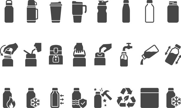 Various types of bottles, cups, and containers with recycling