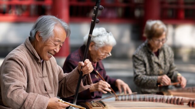 Joyful elderly Asian musicians playing traditional instruments outdoors.