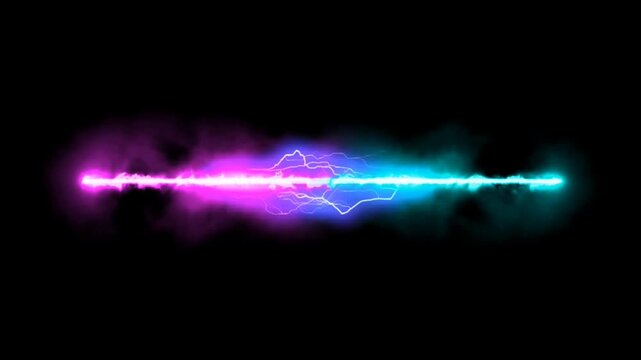 Animated pink and blue glowing electric energy beam motion graphic isolated on black background for video effect design