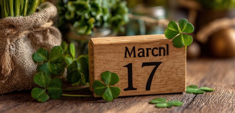 Wooden calendar block displaying march 17th with green clover and rustic background for st. patrick's day celebration