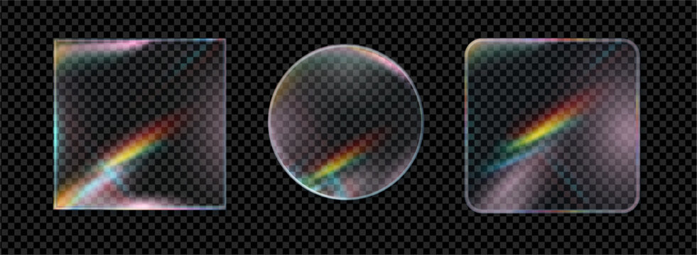 Geometric glass shapes set. Vector isolated square and circular shapes with rounded and sharp edges. Transparent forms with flares and reflections. Branding projects and digital design elements