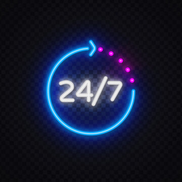 Neon 24 7 sign with glowing arrow and modern cyber style. Bright nightlife symbol for service, support, online store or nonstop business.