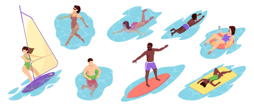 People swimming in sea water with inflatable ring and floating mattress, surfboard and windsurf sail. Vacation and tropical tourism, marine leisure and activity. Vector relaxation and aquatic sport