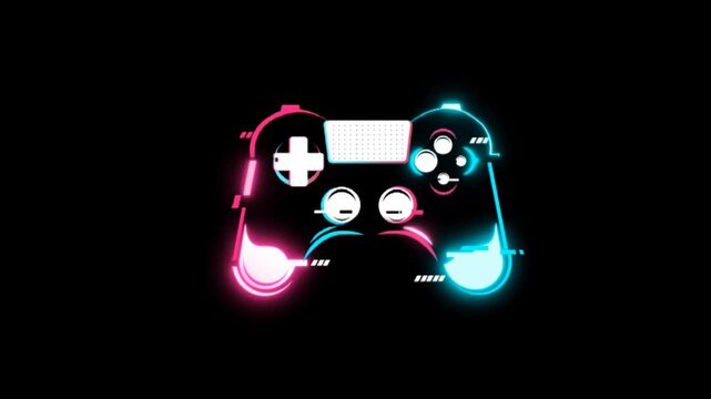 Animated neon glowing game controller motion graphic isolated on black background for video game design element