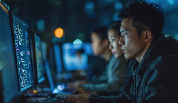 Asian male software developers working on desktop computers in a modern office environment with multiple monitors displaying digital data and code