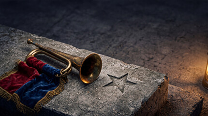 Obraz premium Vintage bugle with red and blue fabric lying on stone block with engraved star. Solemn Memorial Day tribute. Symbol of military remembrance, honor and respect for fallen soldier.