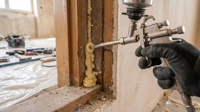 Worker applying expanding polyurethane insulation foam with a spray gun to seal a door frame gap.

