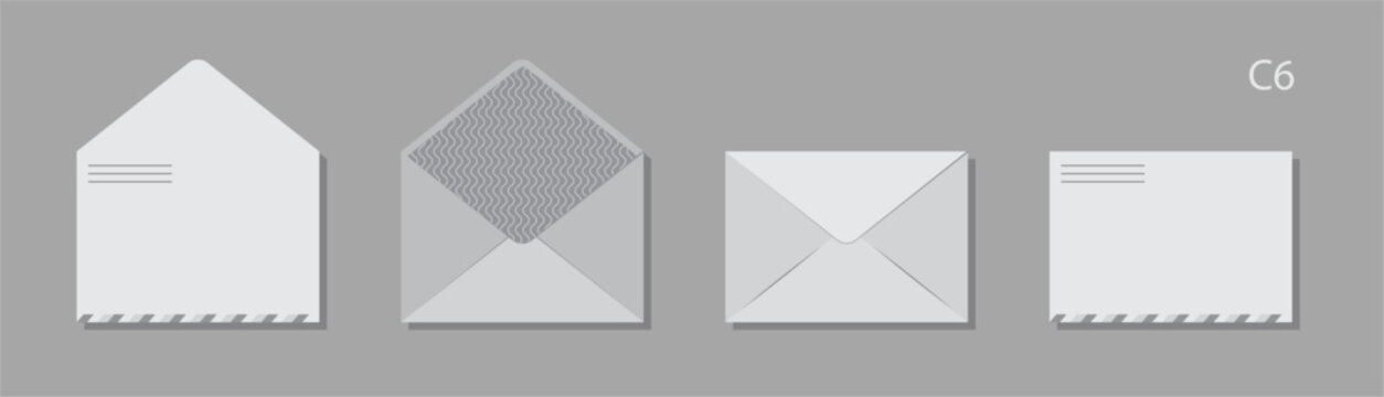 Minimalist folded and unfolded C6 envelope mockup, front and back views. Vector letter for event invitations or artisan branding. Postal mailing for commercial mockup. Branding design and stationery