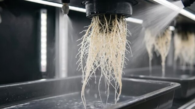 Aeroponic plant roots with moisture droplets demonstrating water-saving techniques, sustainable controlled farming concept with fresh root structure and clean irrigation detail in close-up, soft