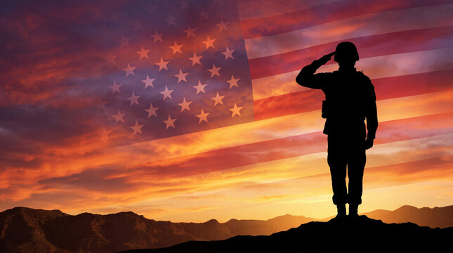 Silhouette of a soldier saluting against an American flag at sunset. Memorial Day tribute to military service and patriotism. Honoring fallen heroes and national pride with sky background.