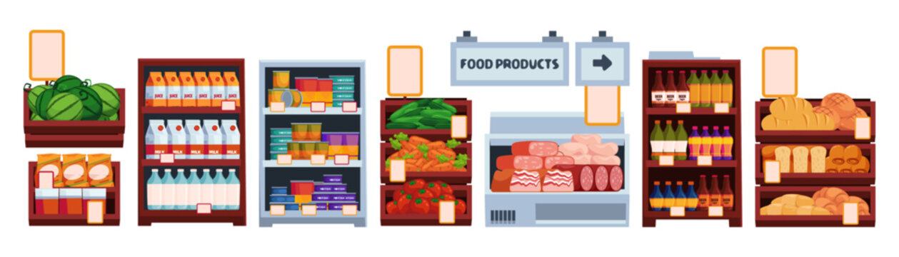 Grocery market shelves filled with beverages, yogurt and sausage, milk and bakery products. Modern retail shopping items. Commercial food store. Vector consumer lifestyle and market layouts