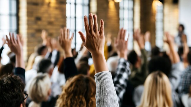 Audience members raising hands, asking questions during an interactive seminar in a loft room with warm natural light