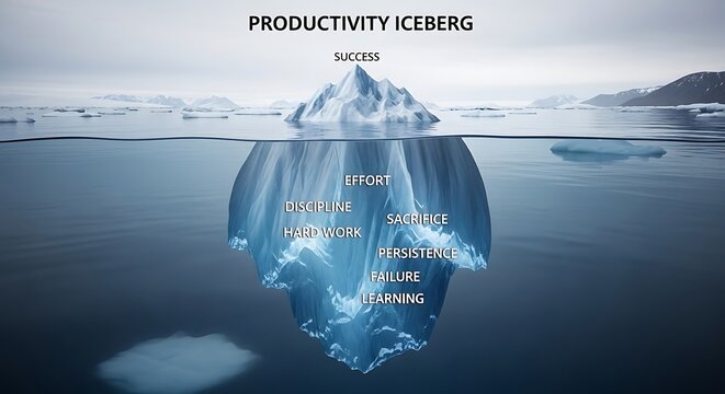 Productivity iceberg diagram illustrating success hidden behind hard work and personal sacrifice. iceberg metaphor