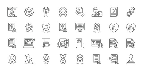 Fototapeta premium Digital Certification icons in line design. digital, certification, verification, security, validation, document, approval on white background vector. Digital Certification editable stroke icon